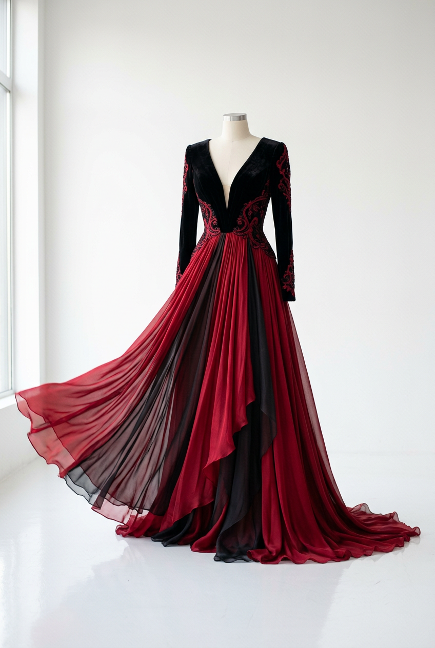 Deep Neck RedBlack Dress