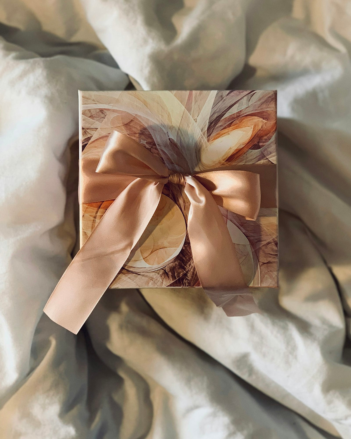 Gift box tied with a satin ribbon on white bedding