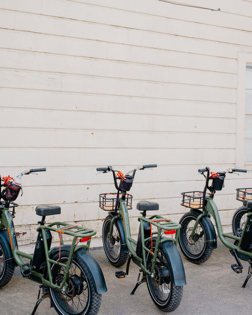 A row of sage green rental e-bikes against a white wall